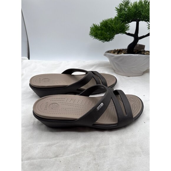 Crocs Size 10 Womens Brown & Beige Slip-On Wedge Sandals Criss-Cross Straps - Picture 4 of 8